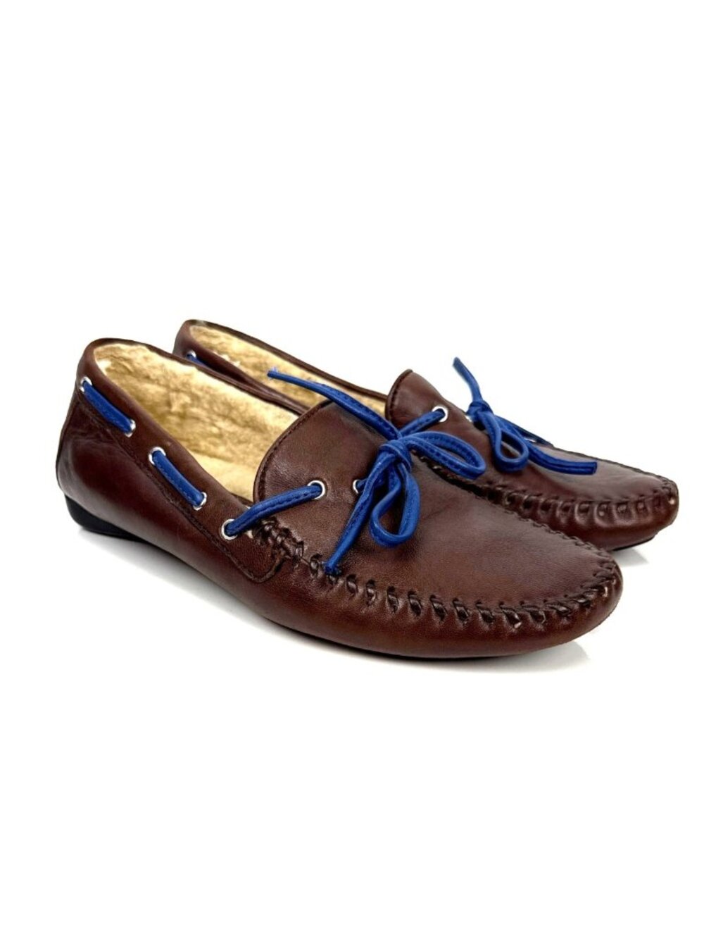 ROBERT ZUR Bowie Leather Faux Shearling Driving Loafers Brown Blue Womens 6.5 M